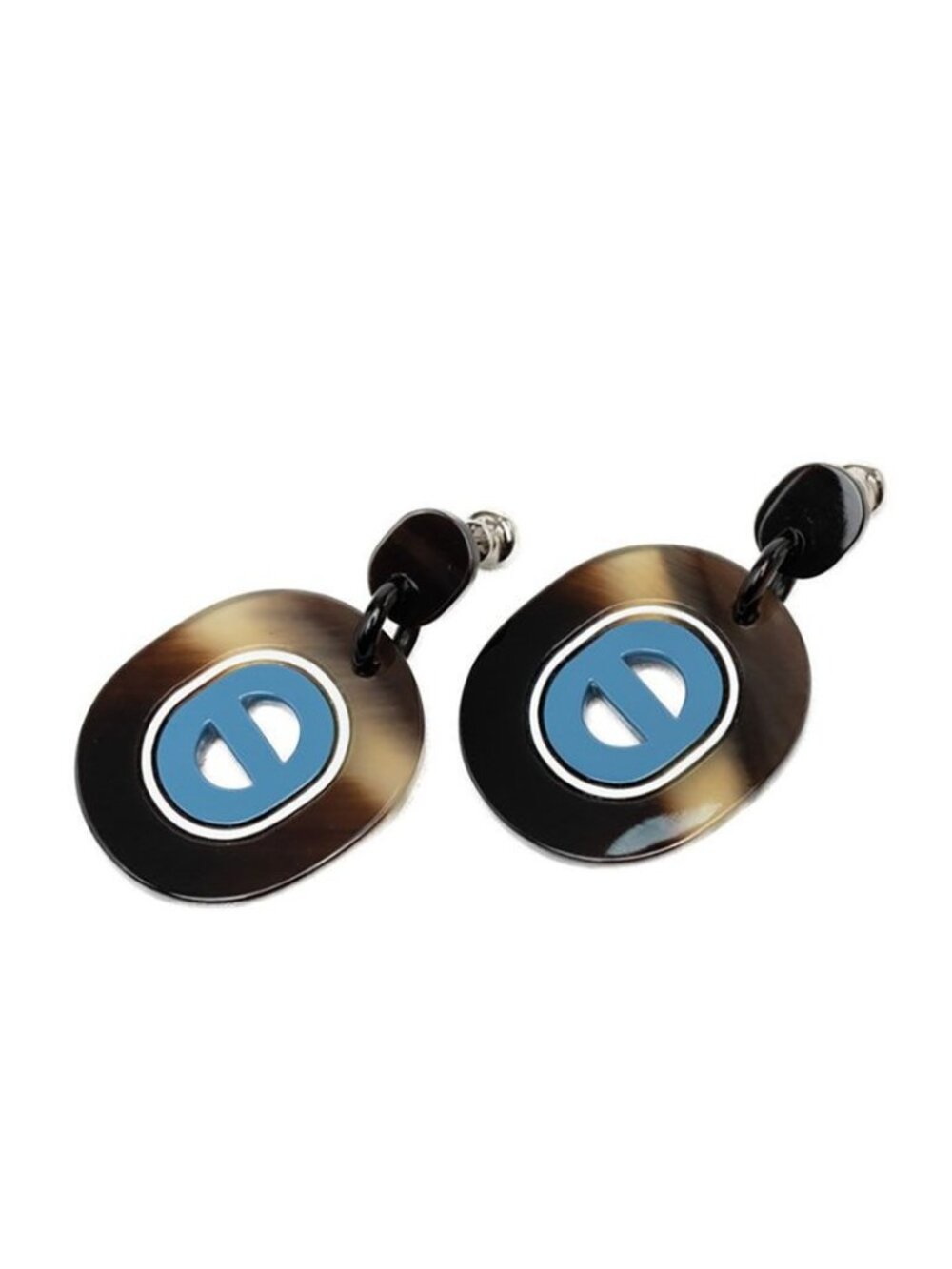 Hermes Fidelio Village PM Stud Earrings Brown Blue Silver Buffalo Horn Metal